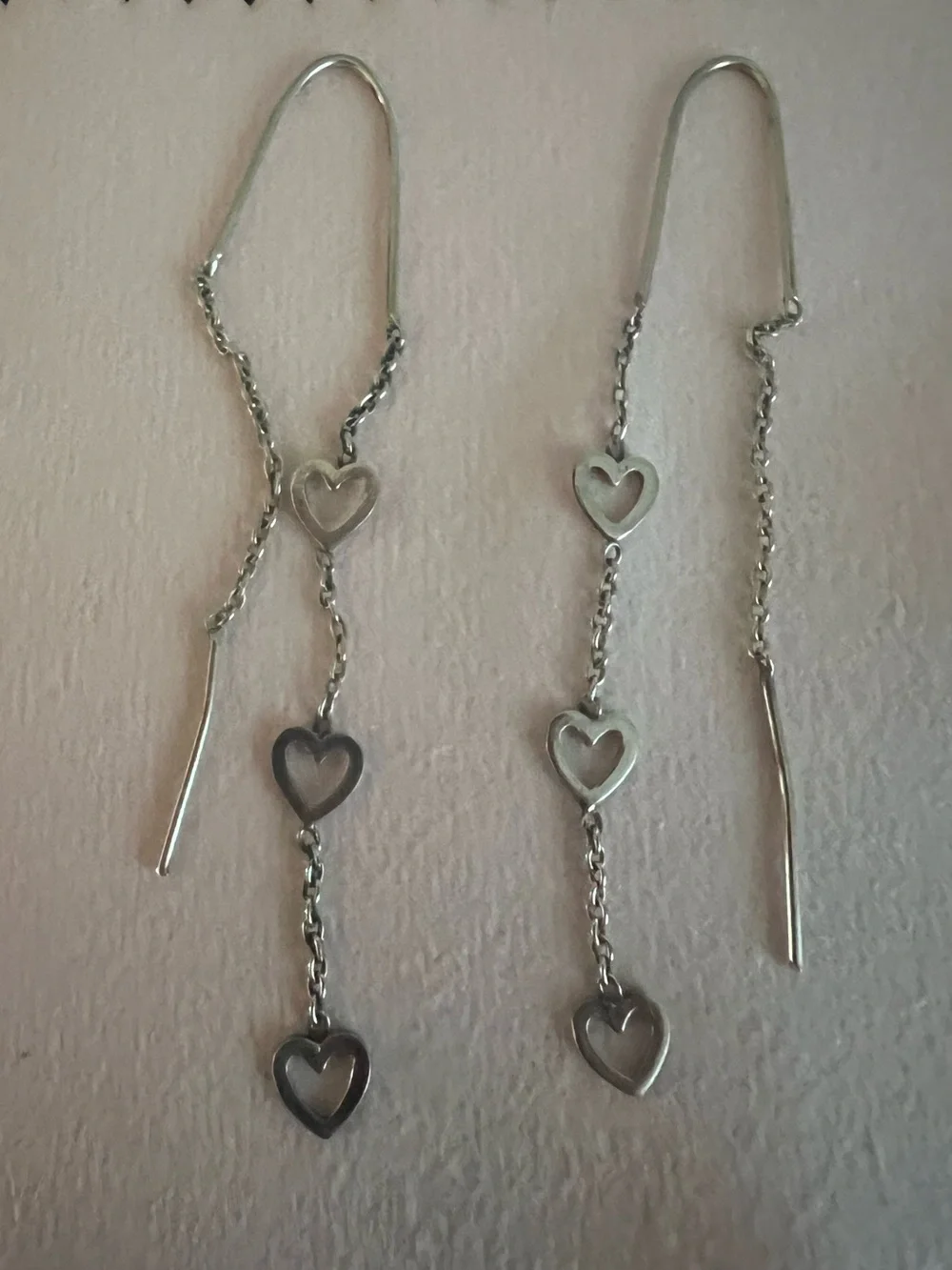 Dainty Silver Heart Threader Earrings - Three-Heart Drop